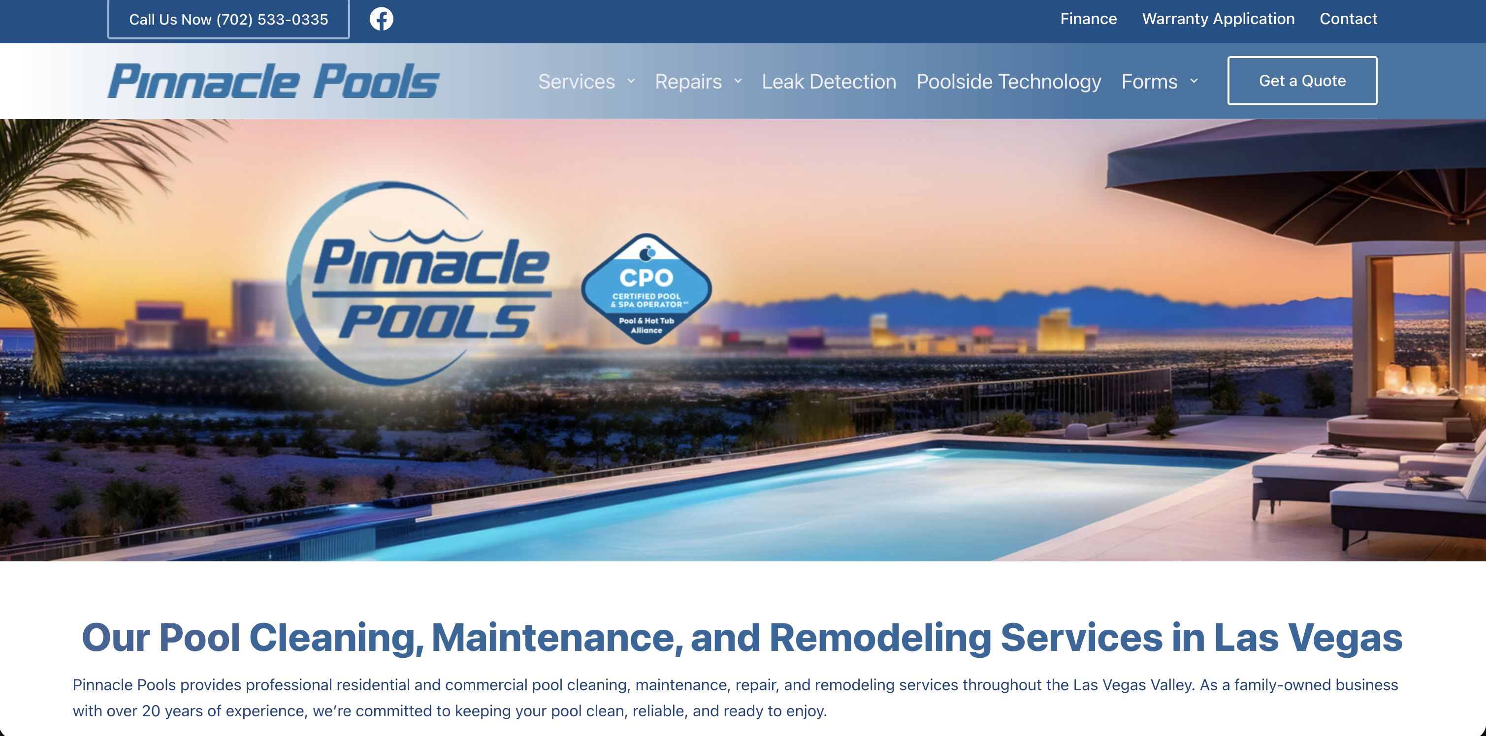 Pinnacle Pools Las Vegas website homepage
